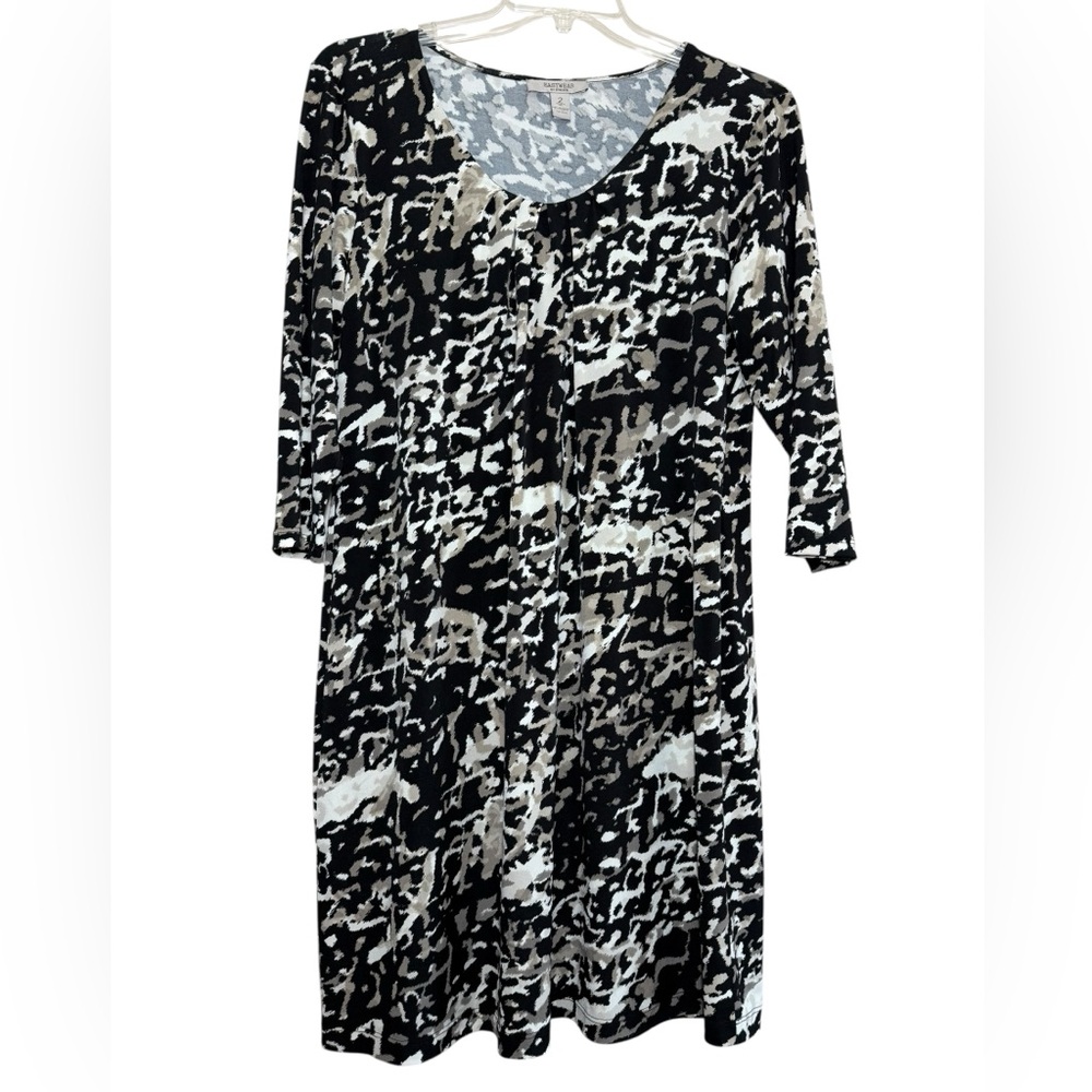 Chico’s Easywear black cream khaki abstract print jersey knit dress size large